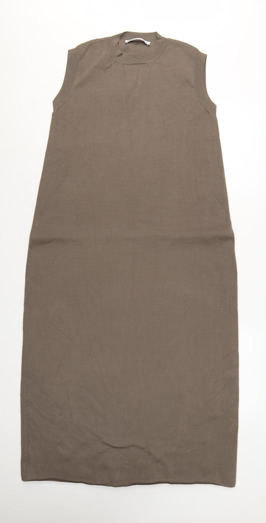 Zara Women Brown M Long Sleeveless Knit Tank Dress Crew Neck