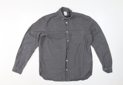 H&M Men Grey M Regular Fit Cotton Button-Down Long Sleeve Shirt
