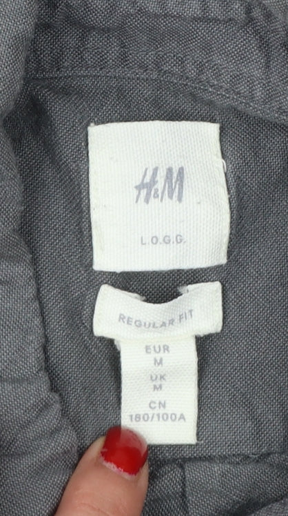H&M Men Grey M Regular Fit Cotton Button-Down Long Sleeve Shirt