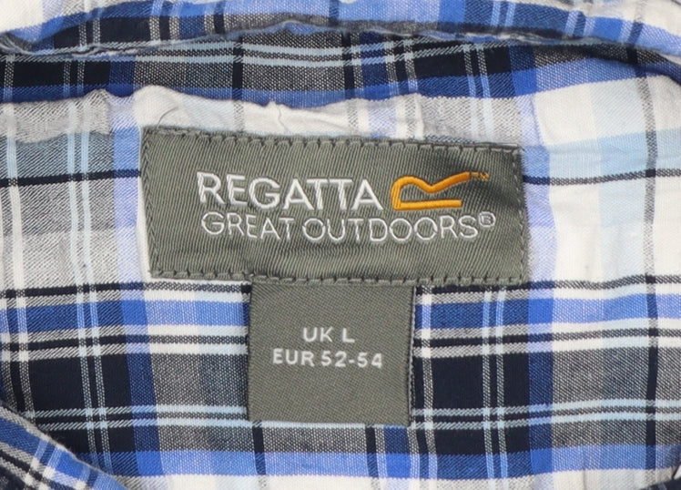 Regatta Men Blue Plaid Short Sleeve Cotton Button-Up Shirt L