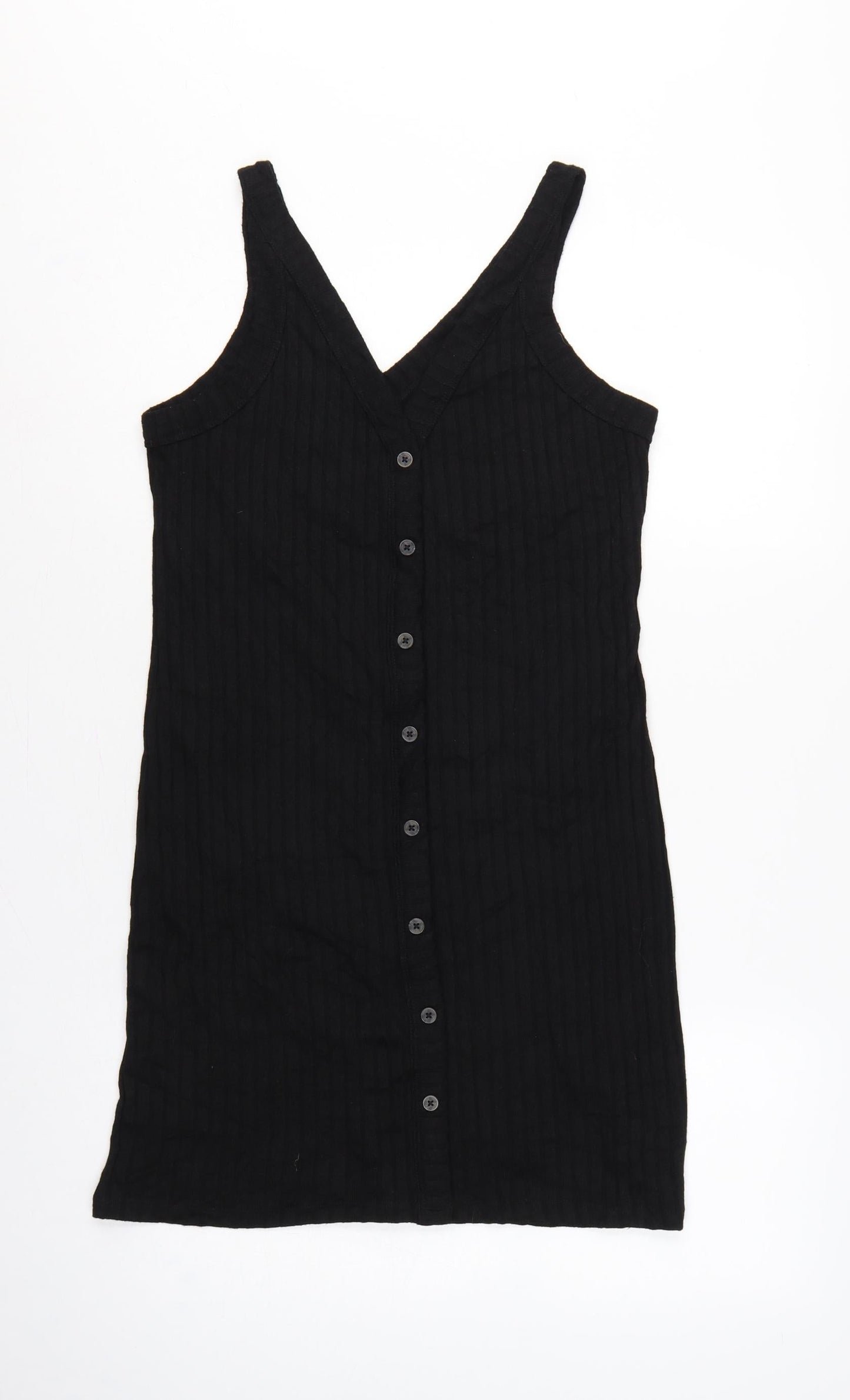 H&M LOGG Women Black UK 14 Ribbed Button Front V-Neck Tank Dress