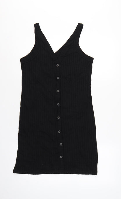 H&M LOGG Women Black UK 14 Ribbed Button Front V-Neck Tank Dress