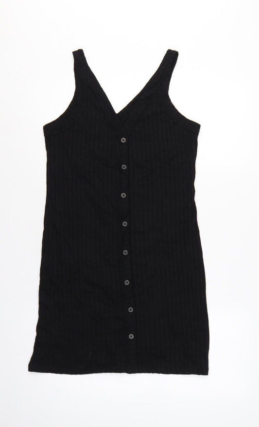 H&M LOGG Women Black UK 14 Ribbed Button Front V-Neck Tank Dress