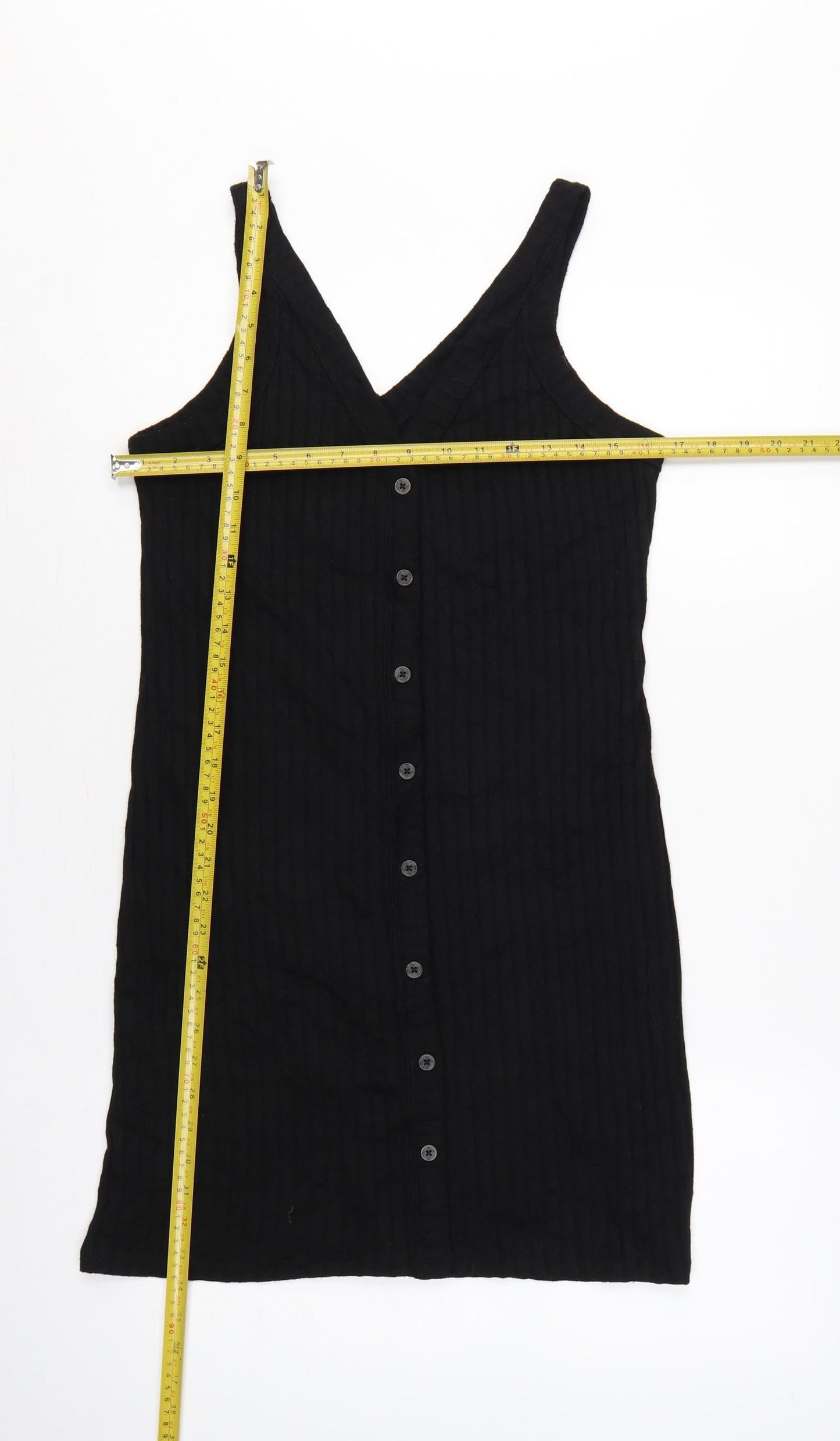 H&M LOGG Women Black UK 14 Ribbed Button Front V-Neck Tank Dress