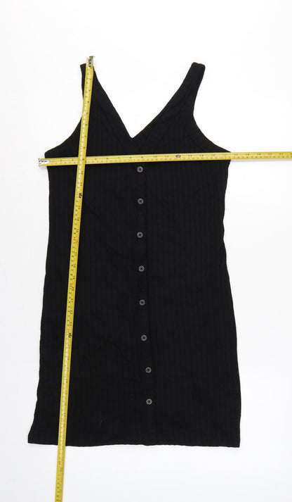 H&M LOGG Women Black UK 14 Ribbed Button Front V-Neck Tank Dress