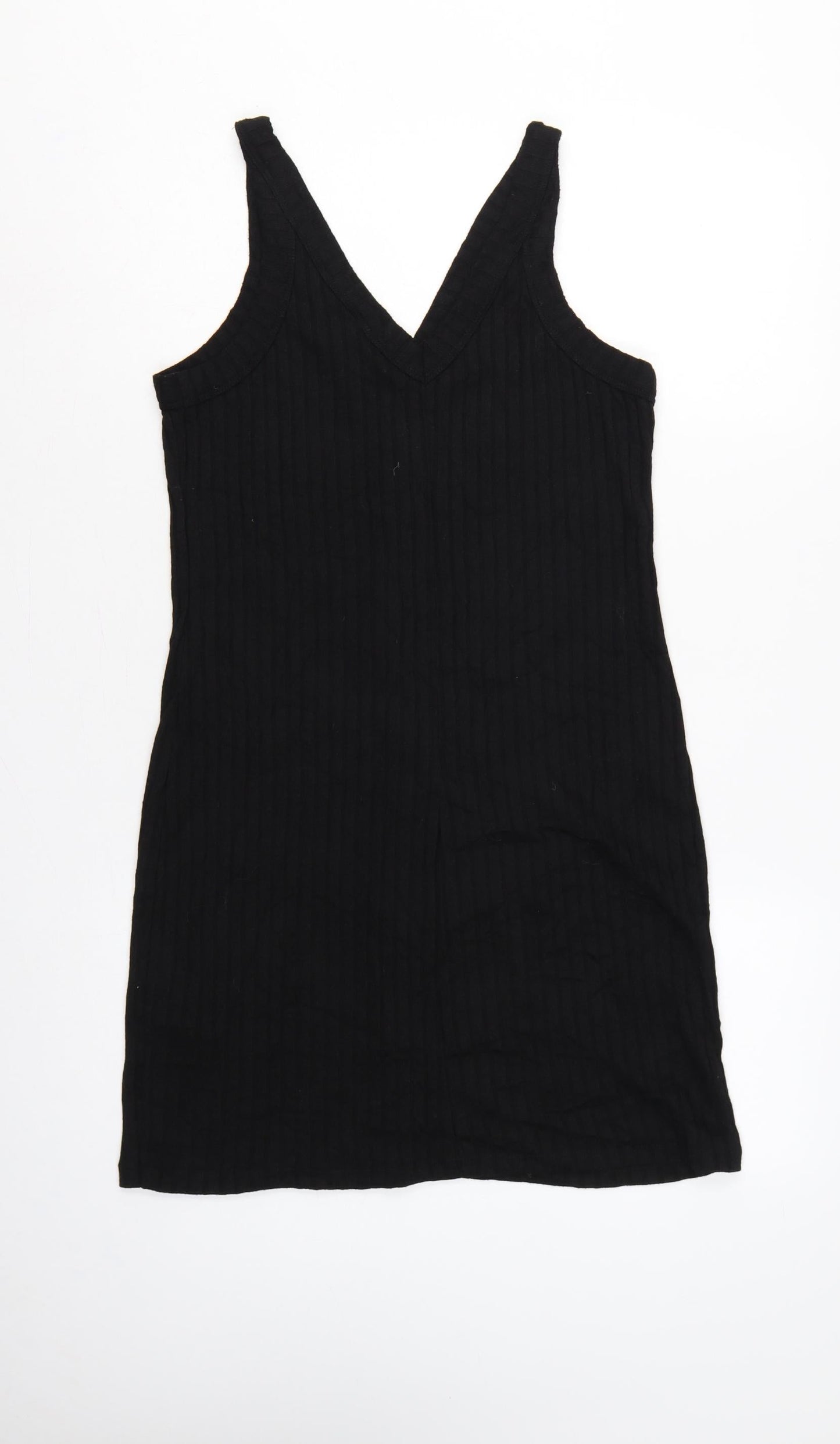 H&M LOGG Women Black UK 14 Ribbed Button Front V-Neck Tank Dress
