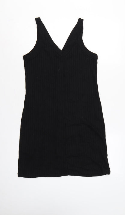 H&M LOGG Women Black UK 14 Ribbed Button Front V-Neck Tank Dress