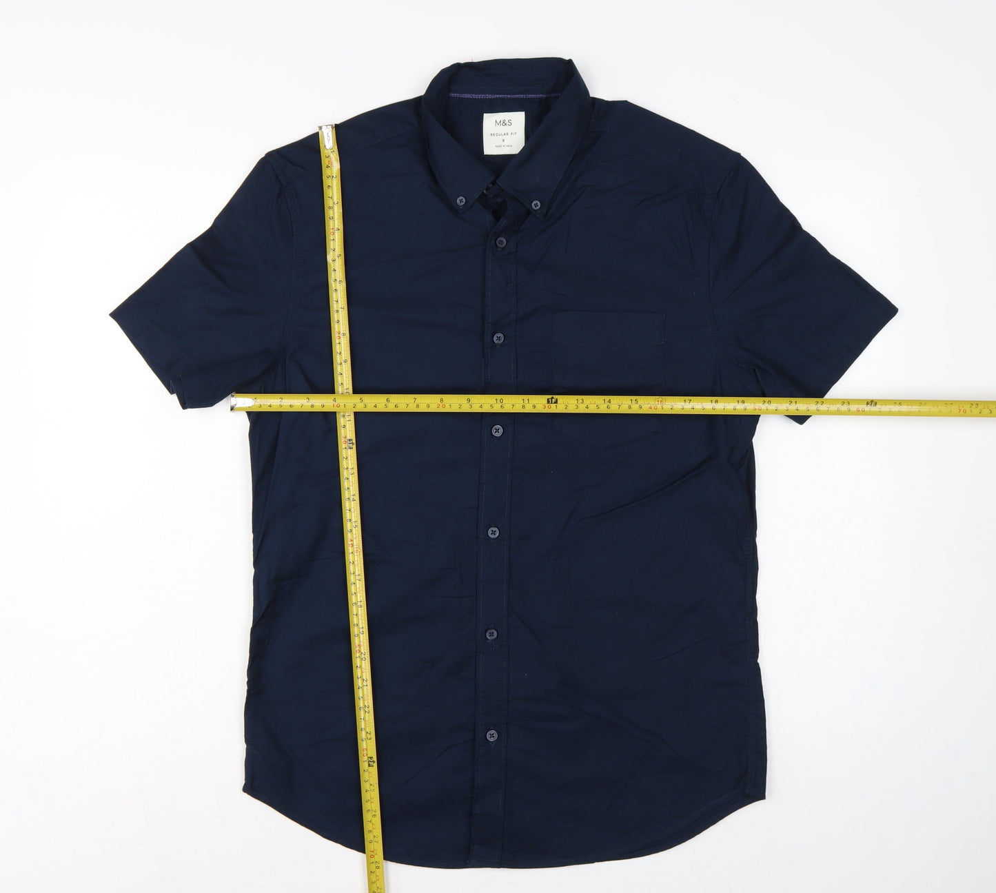 Marks & Spencer Men Blue S Regular Fit Cotton Button-Down Shirt