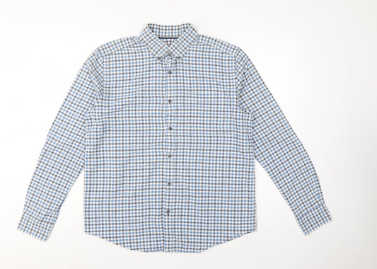 John Lewis Men Blue White Check Cotton Oxford Button-Up Shirt M