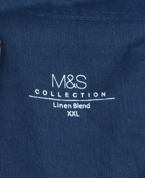 Marks and Spencer Men Blue XXL Linen Blend Short Sleeve Button-Up Shirt