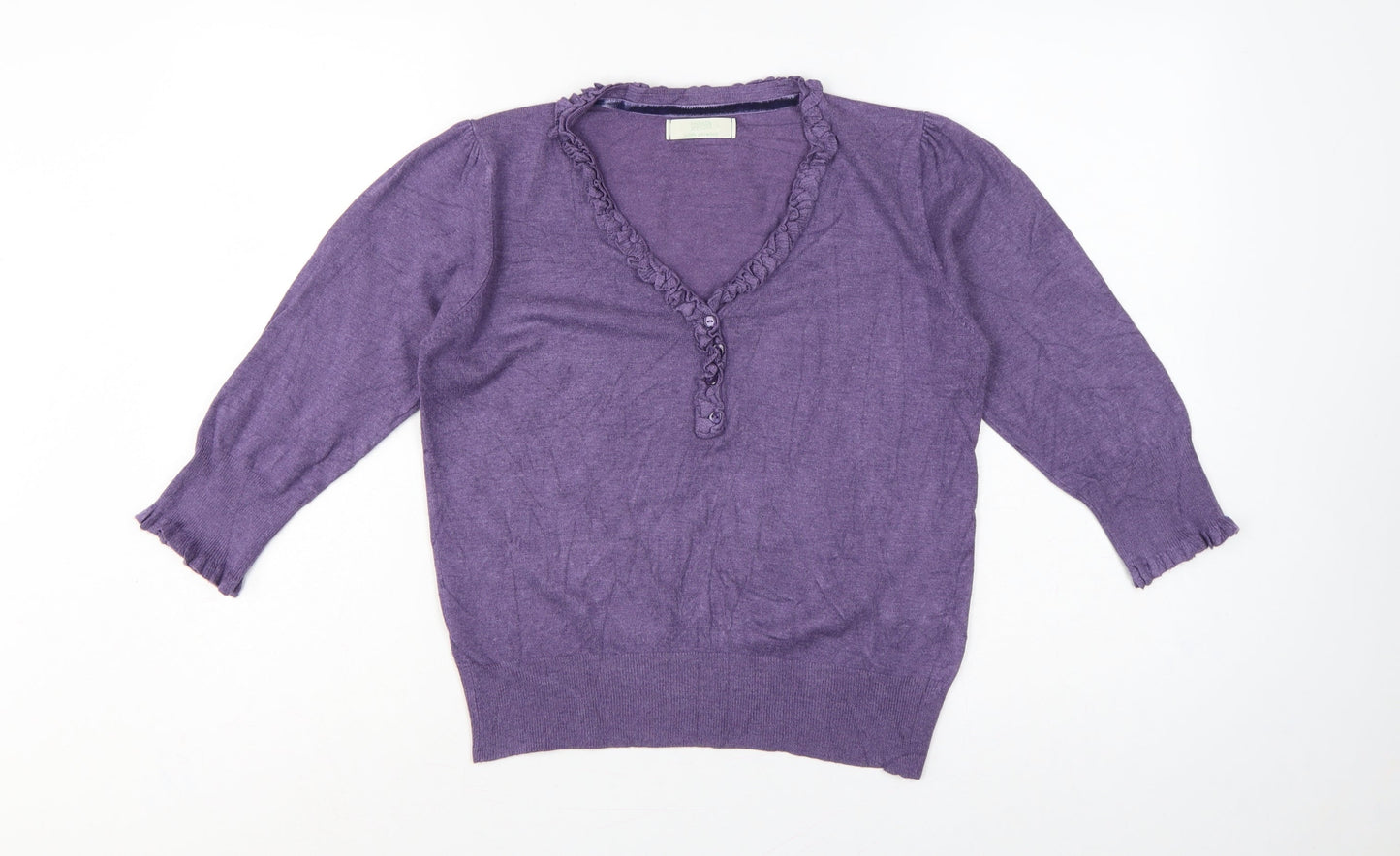 Marks and Spencer Women Purple UK 12 Henley V-Neck Ruffle Knit Jumper