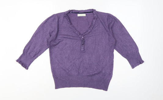 Marks and Spencer Women Purple UK 12 Henley V-Neck Ruffle Knit Jumper