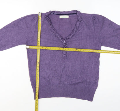 Marks and Spencer Women Purple UK 12 Henley V-Neck Ruffle Knit Jumper
