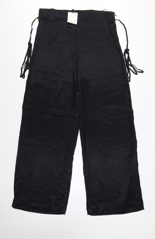 Zara Women Black 2XL Wide-Leg Drawstring Viscose Trousers