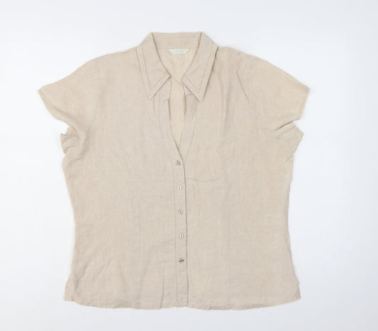 Marks & Spencer Women Beige Linen Short Sleeve Button-Up Shirt UK 16