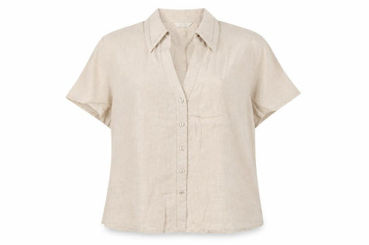 Marks & Spencer Women Beige Linen Short Sleeve Button-Up Shirt UK 16