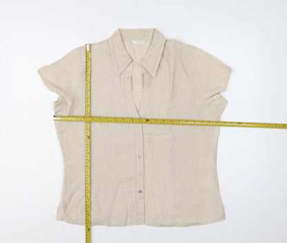 Marks & Spencer Women Beige Linen Short Sleeve Button-Up Shirt UK 16