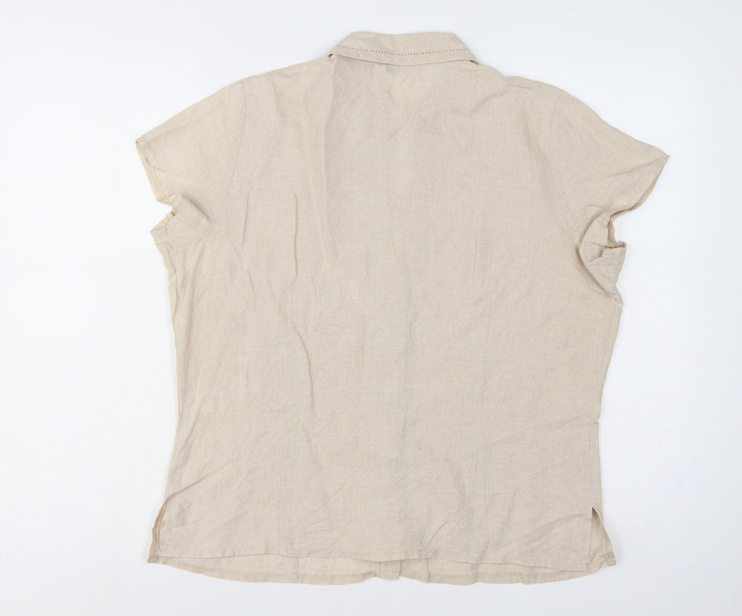 Marks & Spencer Women Beige Linen Short Sleeve Button-Up Shirt UK 16