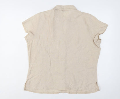 Marks & Spencer Women Beige Linen Short Sleeve Button-Up Shirt UK 16