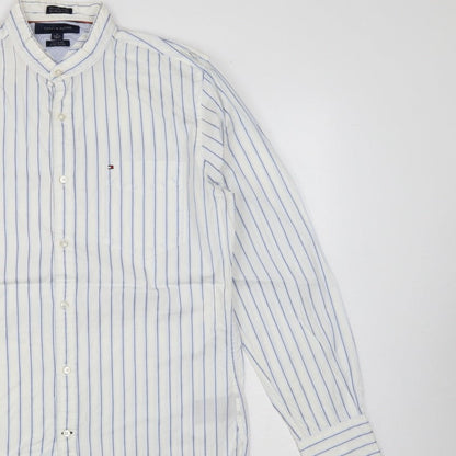 Tommy Hilfiger Men's White Blue Stripe M Custom Fit Band Collar Shirt