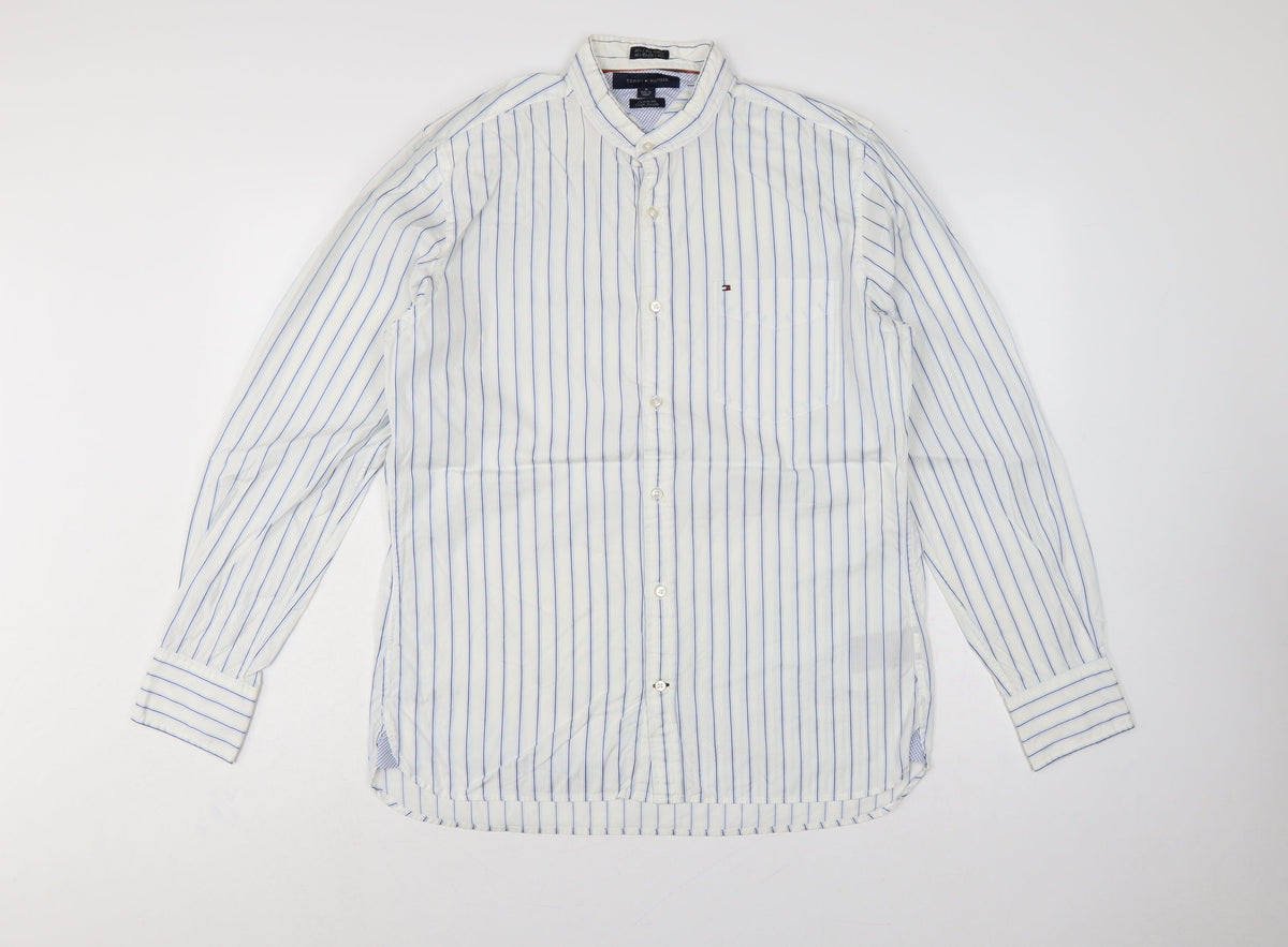 Tommy Hilfiger Men's White Blue Stripe M Custom Fit Band Collar Shirt