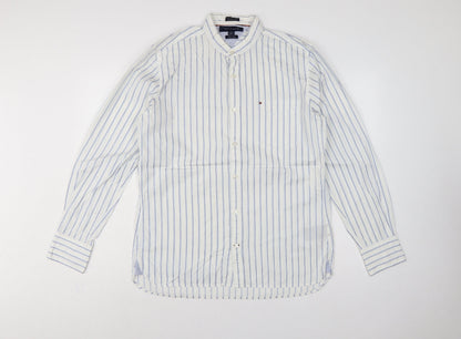 Tommy Hilfiger Men's White Blue Stripe M Custom Fit Band Collar Shirt