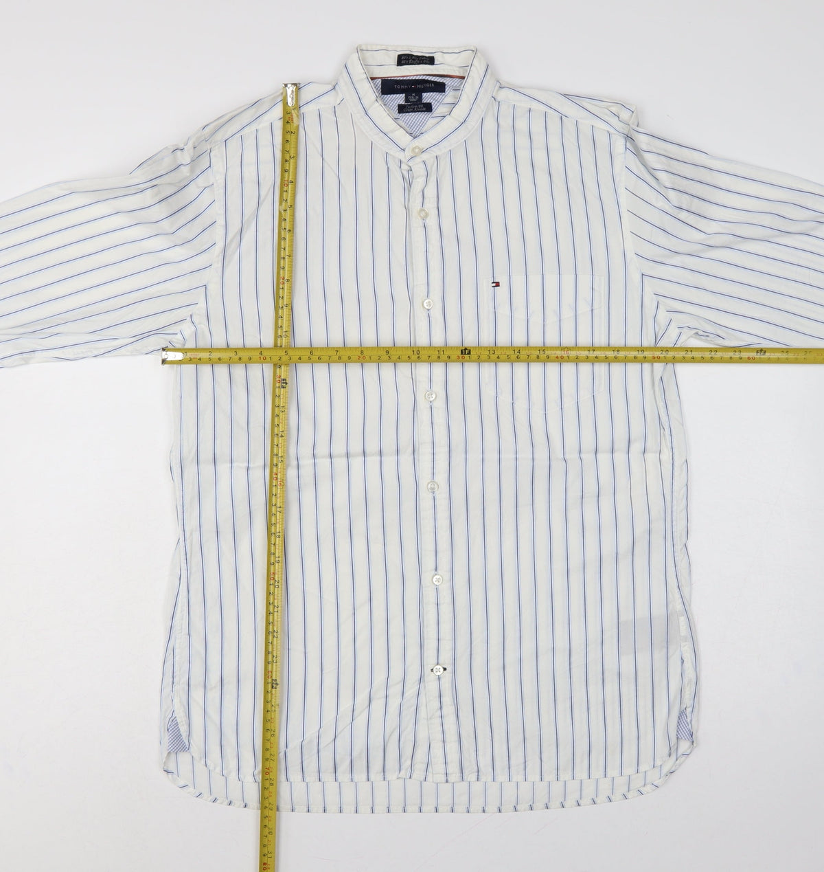 Tommy Hilfiger Men's White Blue Stripe M Custom Fit Band Collar Shirt