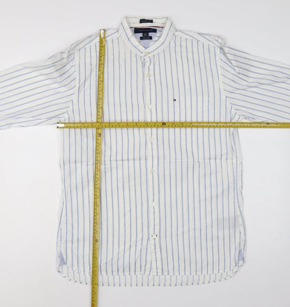 Tommy Hilfiger Men's White Blue Stripe M Custom Fit Band Collar Shirt