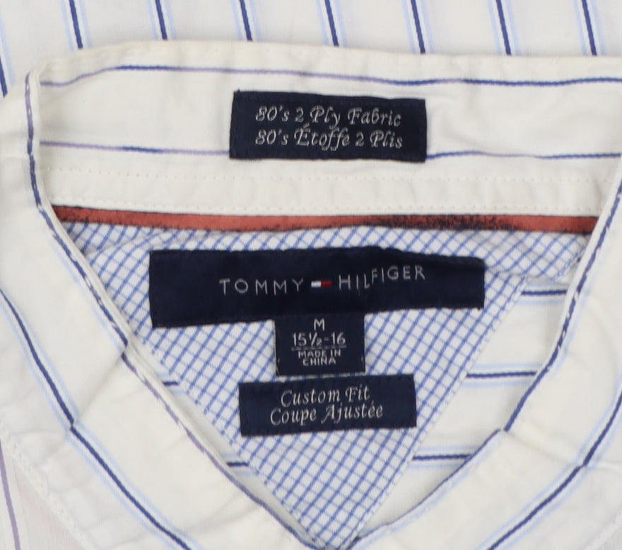Tommy Hilfiger Men's White Blue Stripe M Custom Fit Band Collar Shirt