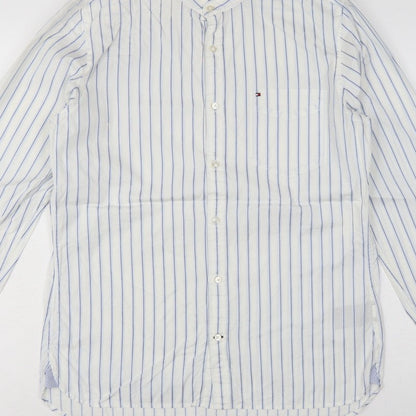 Tommy Hilfiger Men's White Blue Stripe M Custom Fit Band Collar Shirt