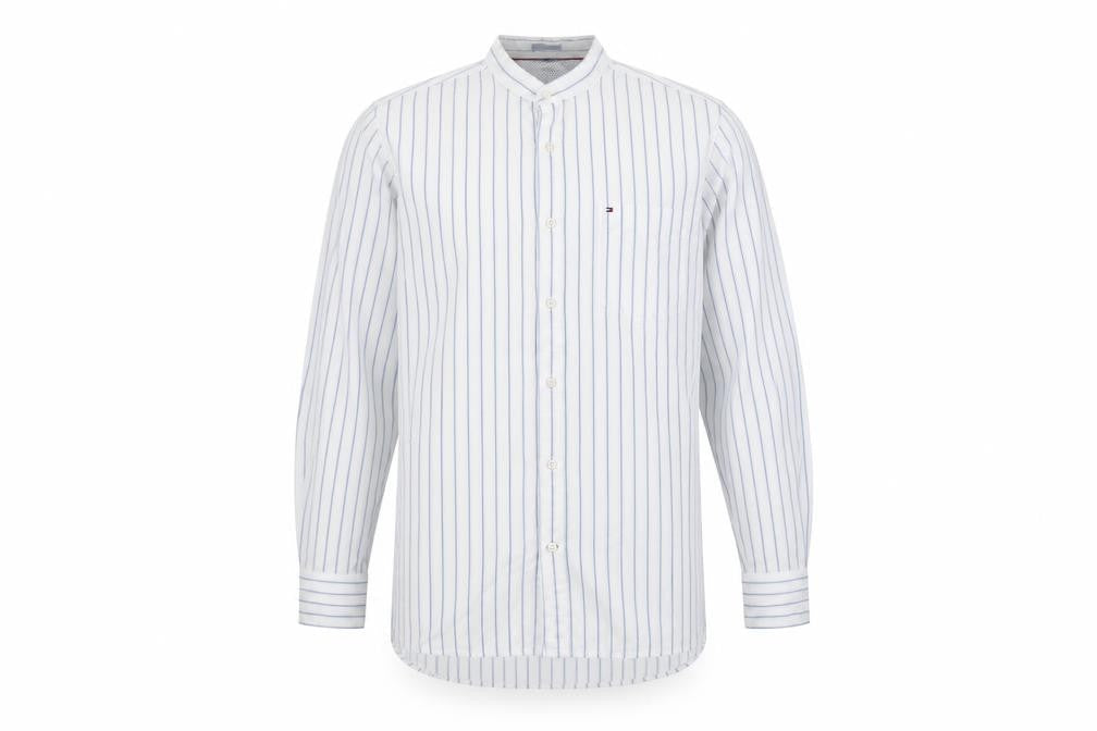 Tommy Hilfiger Men's White Blue Stripe M Custom Fit Band Collar Shirt