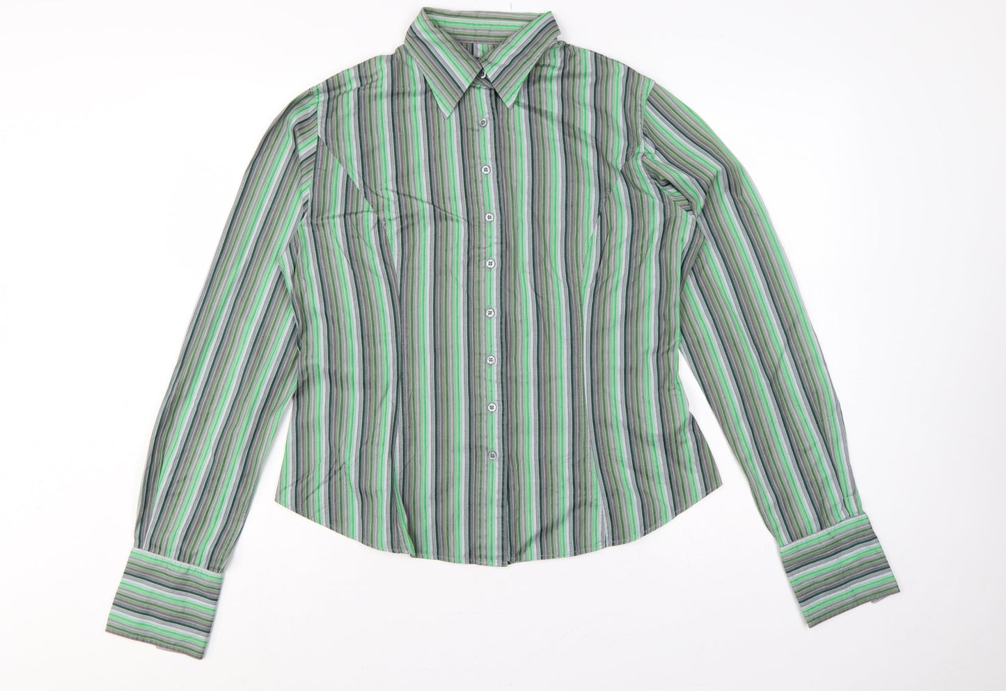 TM Lewin Women Green Stripe Cotton Button-Up Shirt UK 14 Long Sleeve