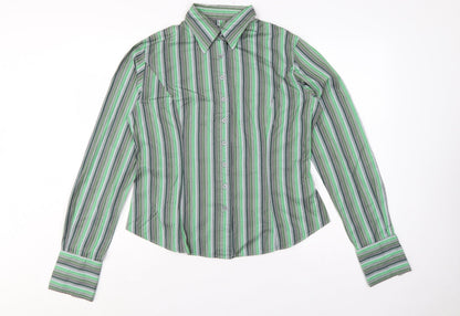 TM Lewin Women Green Stripe Cotton Button-Up Shirt UK 14 Long Sleeve