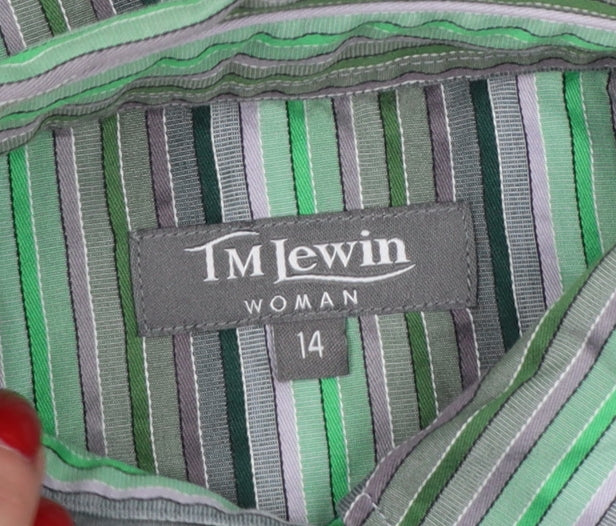 TM Lewin Women Green Stripe Cotton Button-Up Shirt UK 14 Long Sleeve