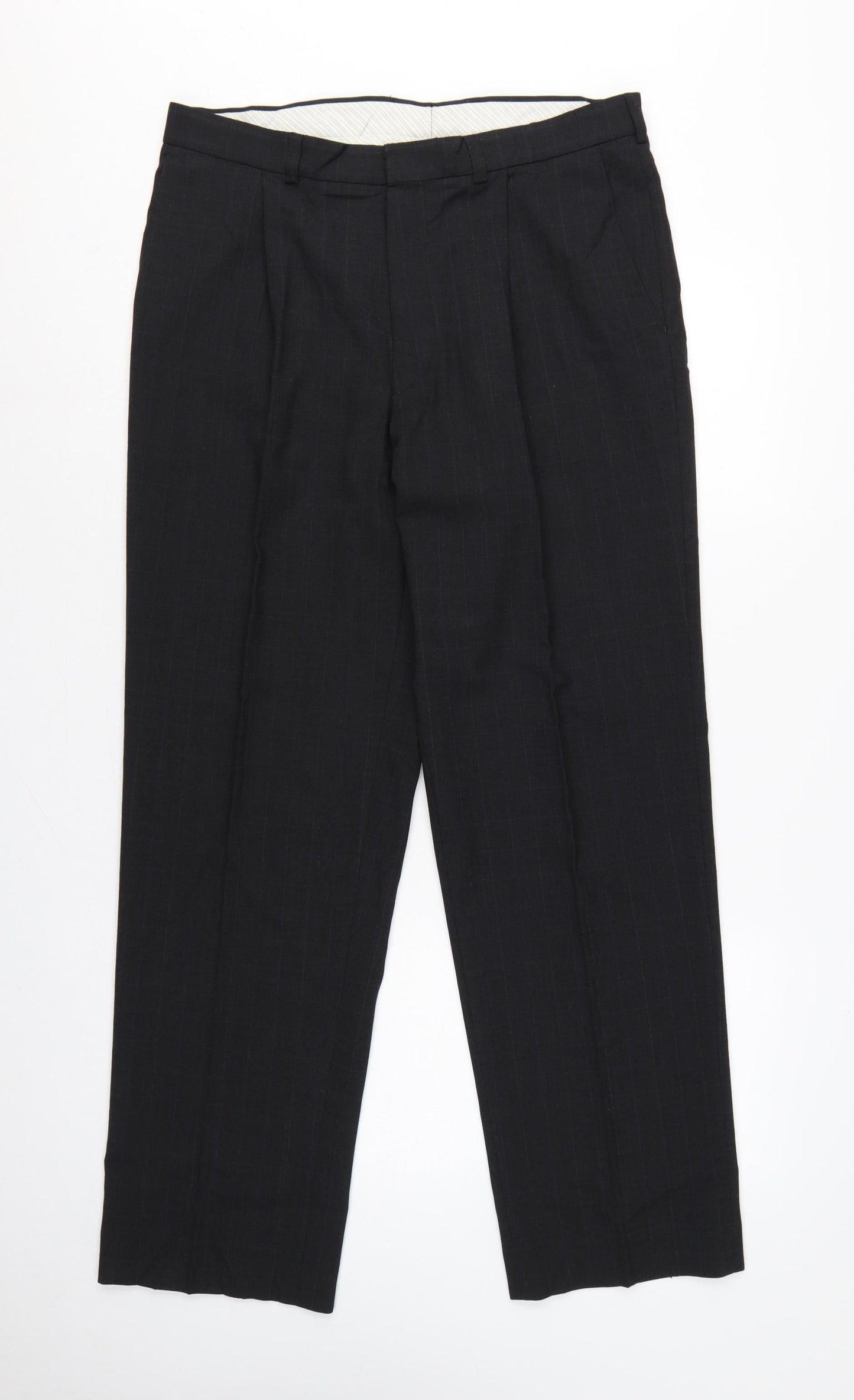 Marks and Spencer Men Charcoal Pinstripe Pleated Trousers W34 L31