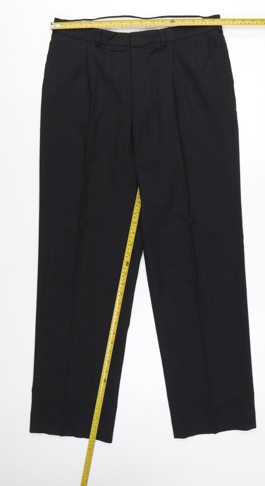 Marks and Spencer Men Charcoal Pinstripe Pleated Trousers W34 L31