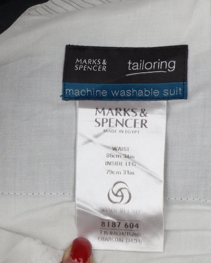 Marks and Spencer Men Charcoal Pinstripe Pleated Trousers W34 L31