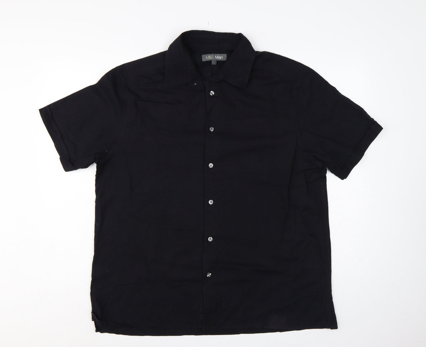 Marks & Spencer Men Black Linen Cotton Short Sleeve Shirt L 41-43