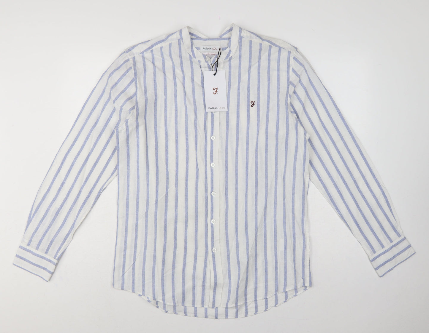 Farah 1920 Men's Blue White Stripe Linen Blend Band Collar Shirt M