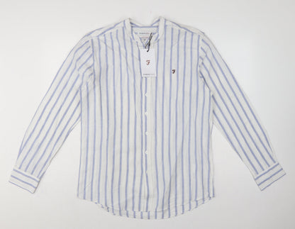 Farah 1920 Men's Blue White Stripe Linen Blend Band Collar Shirt M