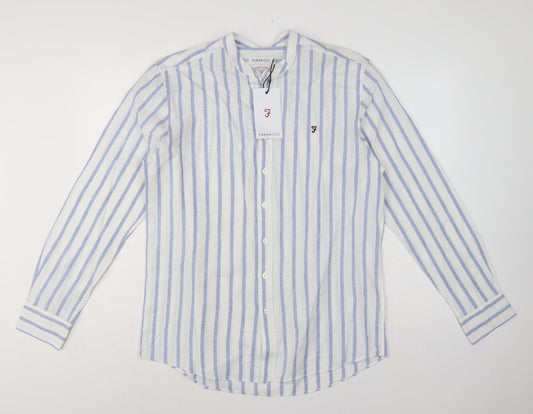 Farah 1920 Men's Blue White Stripe Linen Blend Band Collar Shirt M