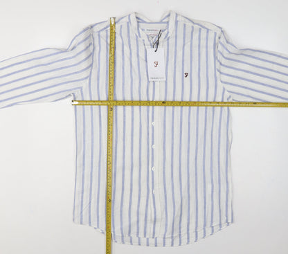 Farah 1920 Men's Blue White Stripe Linen Blend Band Collar Shirt M