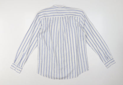 Farah 1920 Men's Blue White Stripe Linen Blend Band Collar Shirt M