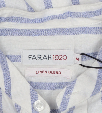 Farah 1920 Men's Blue White Stripe Linen Blend Band Collar Shirt M
