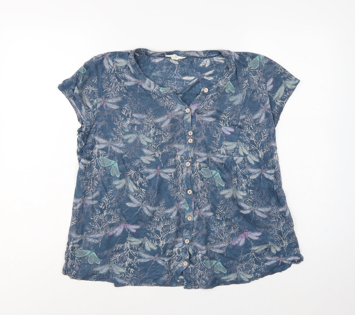 White Stuff Women Blue UK 14 Linen Dragonfly Button-Up Short Sleeve Blouse