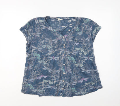 White Stuff Women Blue UK 14 Linen Dragonfly Button-Up Short Sleeve Blouse