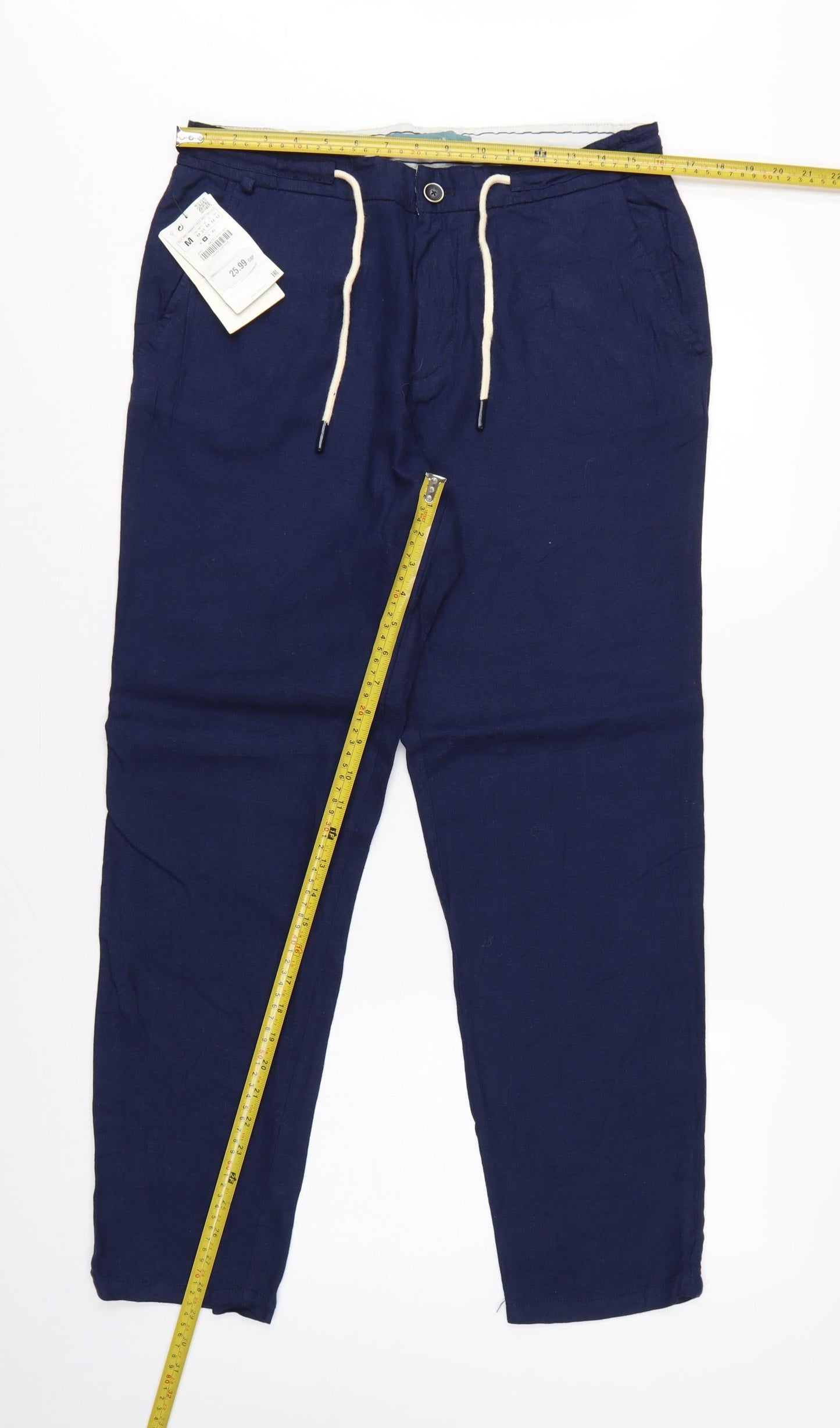 Zara Men Blue Linen Blend Drawstring Tapered Trousers Size M