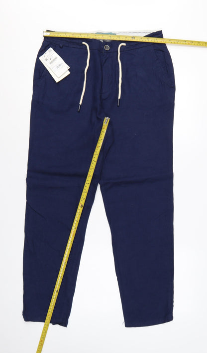 Zara Men Blue Linen Blend Drawstring Tapered Trousers Size M