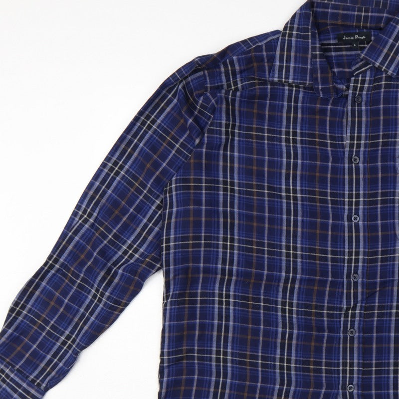James Pringle Men's Blue Check Casual Long Sleeve Shirt L