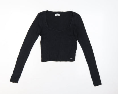 Hollister Women Black M Square Neck Rib Knit Slim Pullover Jumper